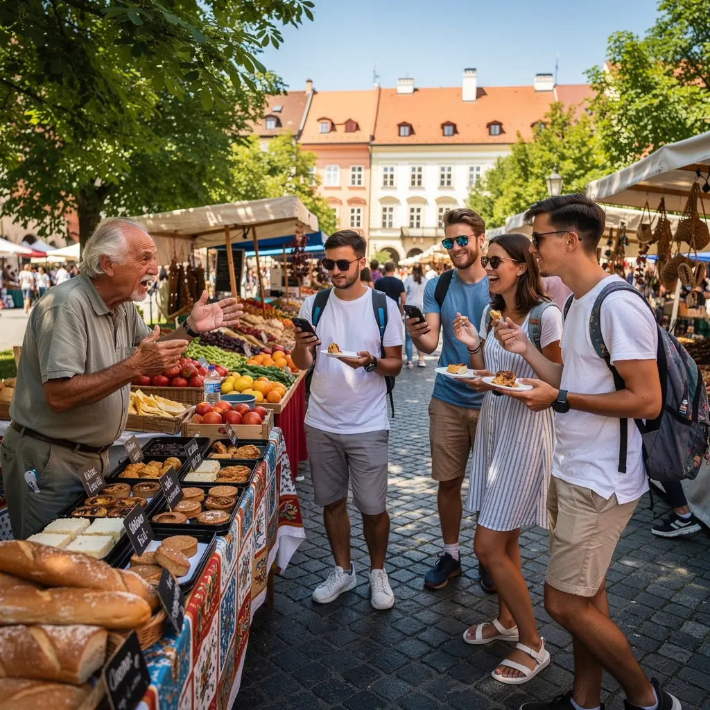 Pohled na malebné městečko s tradičními domy a kostelem