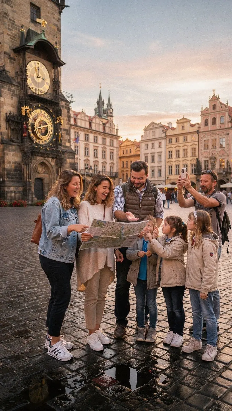 Turistické atrakce v Praze s návštěvníky vychutnávajícími si místní kulturu.