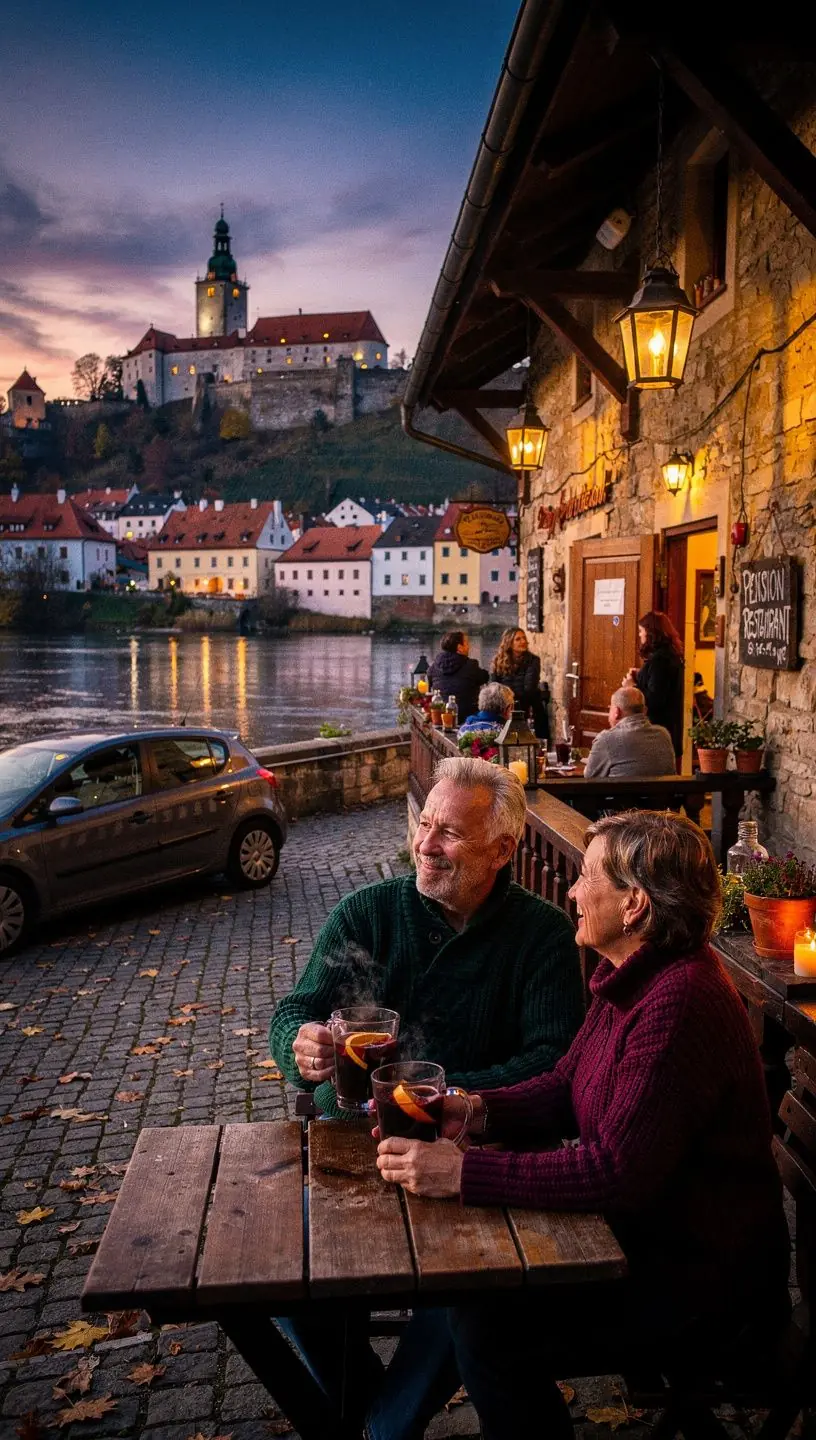 Auto zaparkované u malebného jezera, ideální pro odpočinek během cesty.